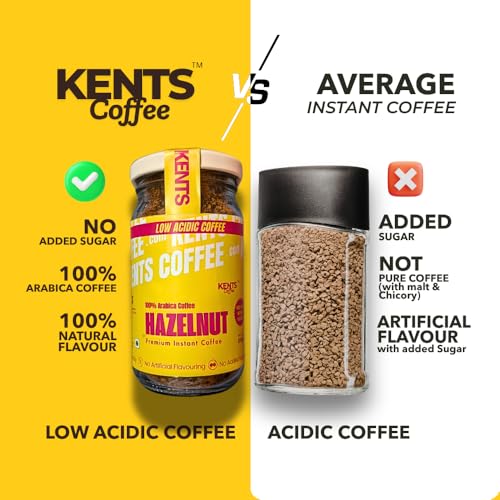 Image of Kents Coffee Premium Flavor Combo - VANILLA & HAZELNUT Instant 2 x 50g Jars | LOW ACIDIC COFFEE| Medium Roast | 100% Arabica | No Added Sugar | 90 Cups Serves | CHIKMAGALUR | Perfect for Hot & Cold Brews | Espresso, Latte, ICED & COLD COFFEE (50g x 2)