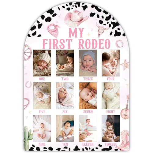 My First Rodeo My First Year Photo Board, Pink Cowgirl Baby Milestone Signs for Girls Boys Nursery Decor, 12 Month Wooden Picture Board for 2x3 Photos, Best Babies Keepsake Gifts-A14