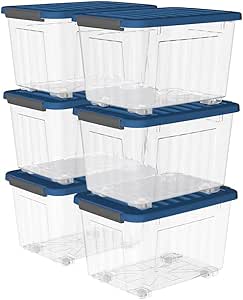 Cetomo 55L x 3 opbergdozen met wielen, plastic opbergdoos met deksel, vergrendelende gespen, kliksluiting, stapelbaar, nesten, duurzame organizer voor thuiskantoorkleding, blauw, 55 l, 3 stuks