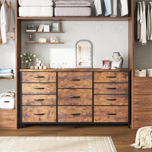 Dresser for Bedroom with 11 Fabric Drawers, Dresser TV Stand for 50, 55 Inch TV, Sturdy Storage Dressers & Chests of Drawers for Closet, Entryway (Rustic Brown) - Image 3