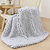 Bigacogo Chunky Knit Throw Blanket for Couch, 40x40 inches, 100% Hand Knitted with Thick Jumbo Chenille Yarn, Cozy Soft Large Rope Knot Cable Crochet Blankets for Sofa Bed Living Room, Light Grey