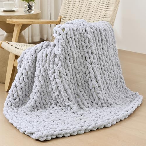 Bigacogo Chunky Knit Throw Blanket for Couch, 40x40 inches, 100% Hand Knitted with Thick Jumbo Chenille Yarn, Cozy Soft Large Rope Knot Cable Crochet Blankets for Sofa Bed Living Room, Light Grey