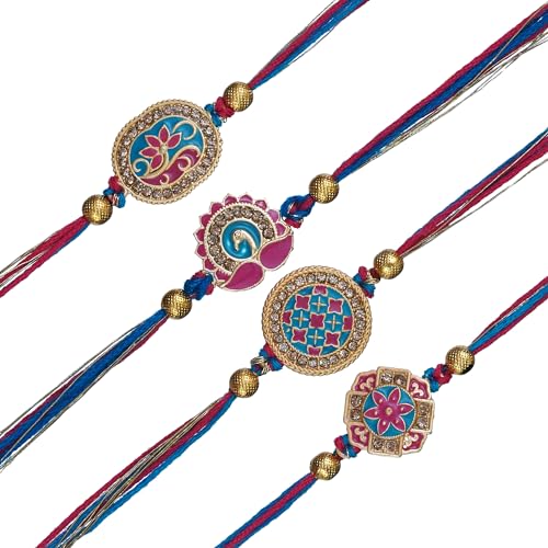 Image of eCraftIndia Set of 4 Lord Ganesha Peacock Krishna & Kalash Designer Rakhis for Brother Bhaiya Bhai | Roli Chawal Pack