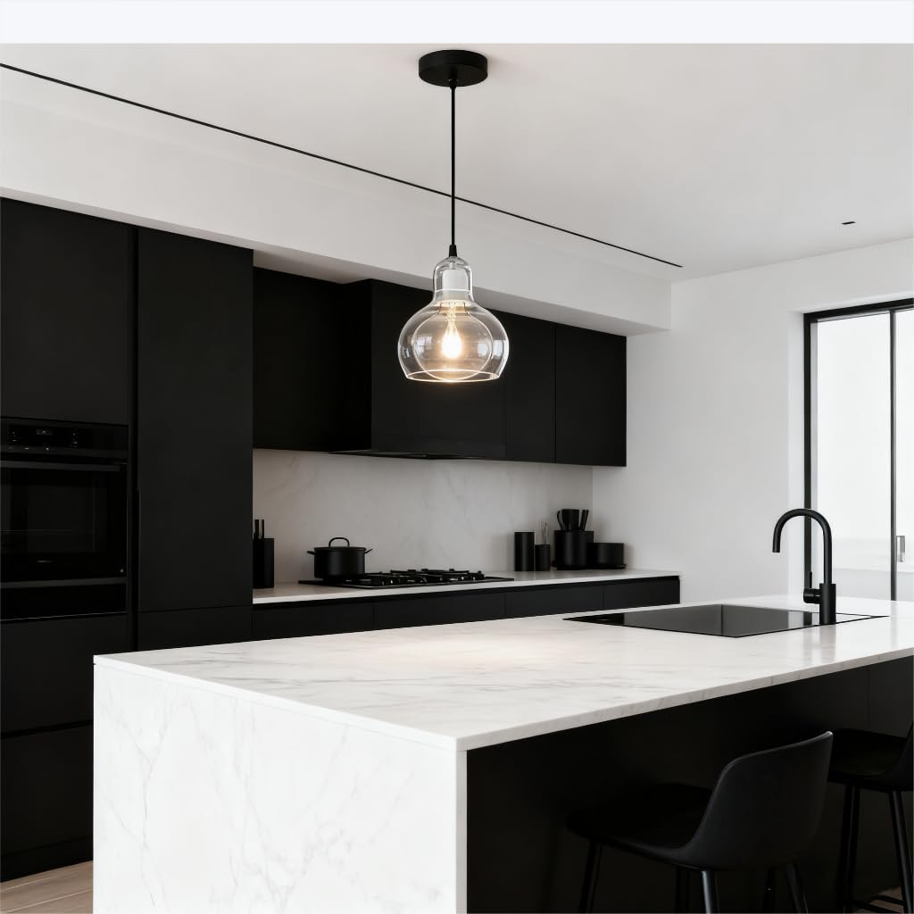 Glass Pendant Light with E26 Base, Adjustable Height, Modern Industrial Hanging Light for Dining Room, Kitchen, Living Room, Bedroom, Café, Amber, Clear, Smoke Gray 3 Color Options (Clear)