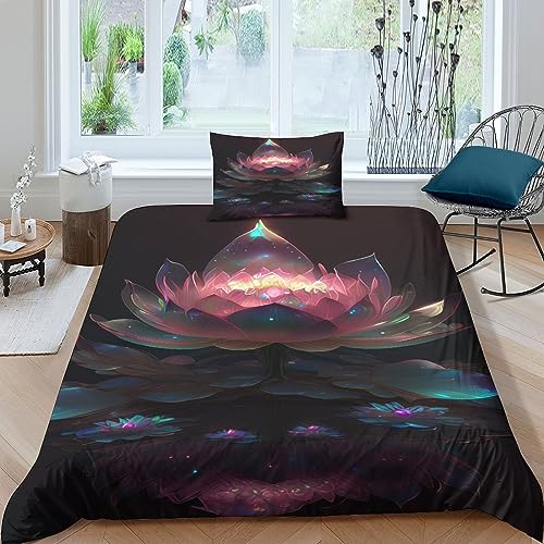 AYSUM Lotus Fermeture À Glissière Parure De Lit Microfibre Douce Literie Confortable Blooming Lotus Housse De Couette Respirant Comfort Cover Luxe Linge De Lit Single（135x200cm）