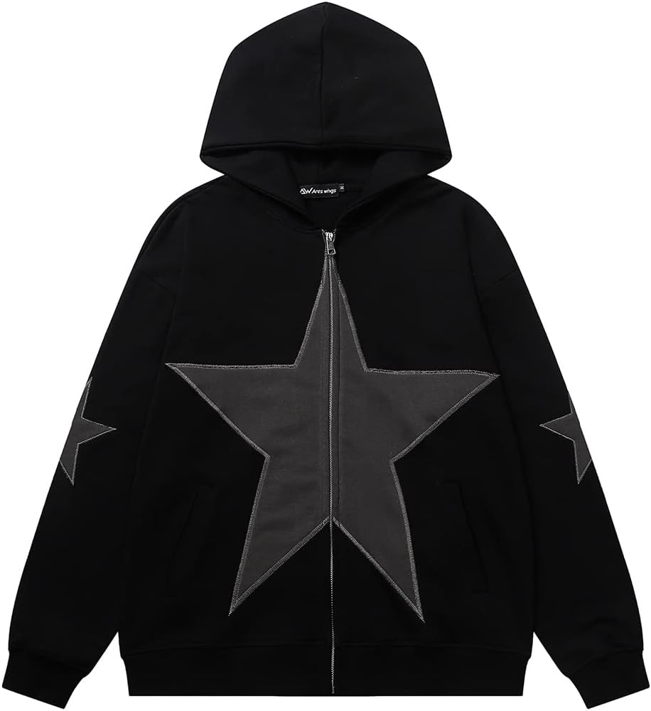 Aelfric EdenMen's Vintage Oversized Star Graphic Print Hoodie Streetwear Zip-Up Hoodies Sweatshirt Casual Hooded
