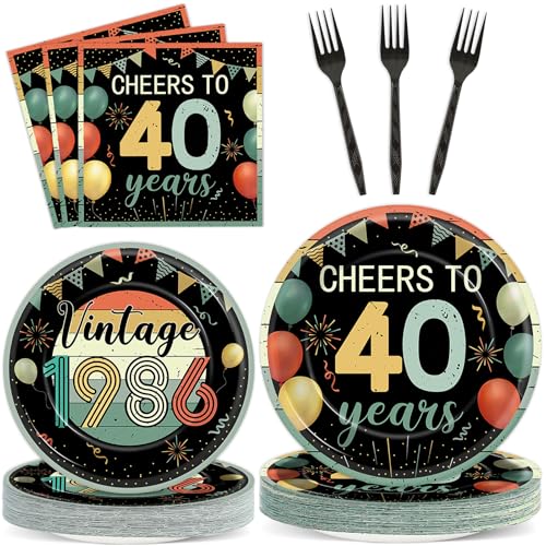 96Pcs Vintage 40th Birthday Party Decorations Back in 1986 Paper Plates and Napkins Cheers to 40 Years Disposable Tableware Set for Men Women 40 Year Old Birthday Anniversary Party Supplies Serves 24