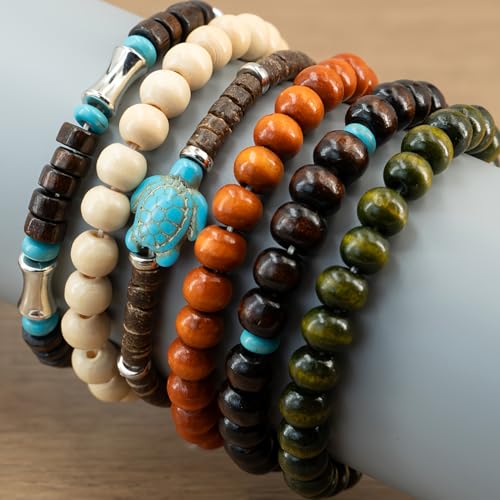 6-Piece, Boho Wooden Beaded Bracelet Set,Multi-Color withTurtle Charm, Unisex3