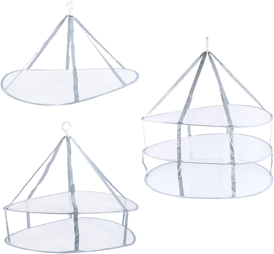 3pcs Household Clothes Drying Basket Set with Iron Frame, Sock and Sweater Hanging Nets, Flat Laundry Storage for Home Use