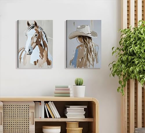 Image of 2pcs Framed Western Cowboy Girl Wall Art Oil painting style Cowboy Girl and Horse Canvas Print Poster Rustic Farmhouse Wall Decor for Living Room Bedroom Home Decoration
