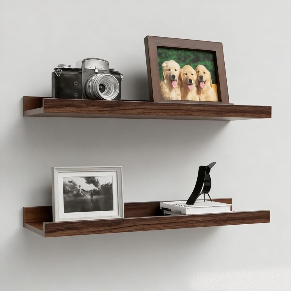Boswillon Floating Shelves Set of 2, Farmhouse Wall Shelves with Lip, Display Picture Ledge Shelf for Bedroom, Living Room, Bathroom, Kitchen - Walnut