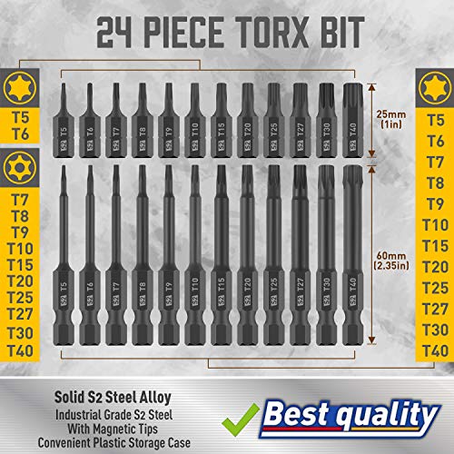 Torx Bit Set, Amartisan 24-Piece Security Torx Bit Set, Tamper Resistant Star Bits Set S2 Steel, 1
