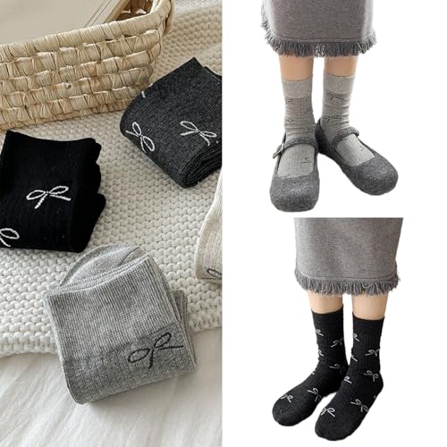 Fashionable Sweet Girl's Bowknot Pattern Ankle Socks Soft Cotton Casual Footwear Ribbed Middle Calf Socks For Daily Wear Scho2