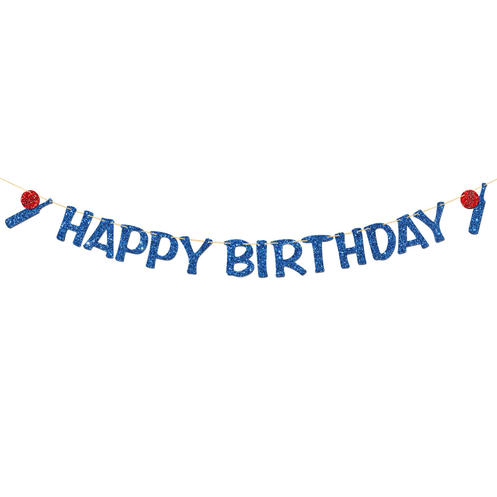 Cricket Happy Birthday Banner - Sport Themed Cricket Enthusiast Party Garland Supplies - Boy Girl Kid Adult Birthday - Sport Ball Party Decorations - Blue Glitter