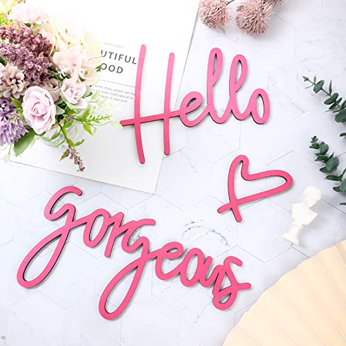 Image of Blulu Hello Gorgeous Wall Decor Sign Hello Gorgeous Wall Art Minimalist Wooden Words Decor for Lash Room, Salon, Vanity or Makeup Room, Bathroom, Bedroom, Office(Pink)