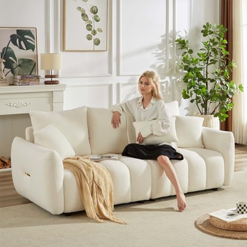 Image of Antetek Teddy Fabric Sofa Set for Living Room, Modern Deep Seat Sofa Chair and Oversized 3-Seater Cloud Boucle Couch for Bedroom, Office, Apartment, Furniture Set, Beige (2 Piece)