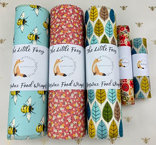 Natural Reusable Beeswax Food Wraps - Set of 5 Sheets 3 Large (30x30cm) 1 Medium(20x20) 1 Small(15x15) Sizes Wraps - Patterns Randomly Selected