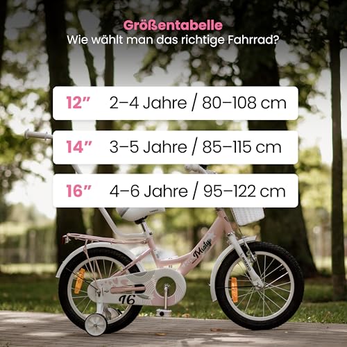 MIRAVO Kinderfahrrad 14 Zoll für Mädchen von 3-5 Jahren mit Stützrädern und Schubstange - Leichtes Fahrrad für Kinder mit Korb - V-Brake Bremsen - Misty Rosa
