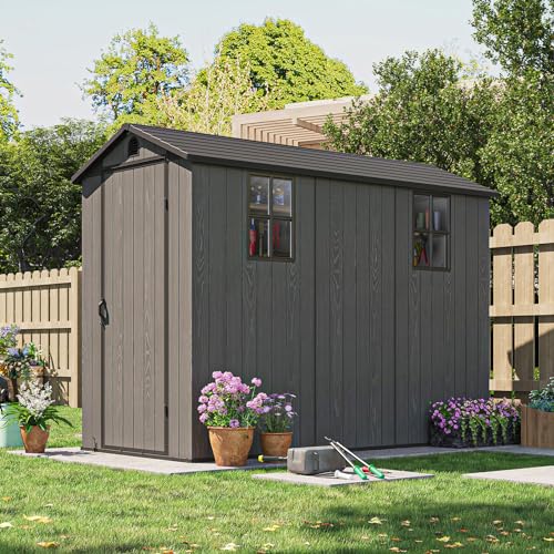 Image of Patiowell 4x8 FT Plastic Outdoor Storage Shed with Floor, Garden Tool Shed with Two Windows and Single Lockable Door for Garden, Backyard, Lawn, Easy to Install, Dark Gray
