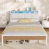 KIMENICH Bett 140 x 200, Bett mit LED-Beleuchtung, Polsterbett 140x200, Ladestation, Bettgestell mit Lattenrost, für Schlafzimmer, Gästezimmer, weiß