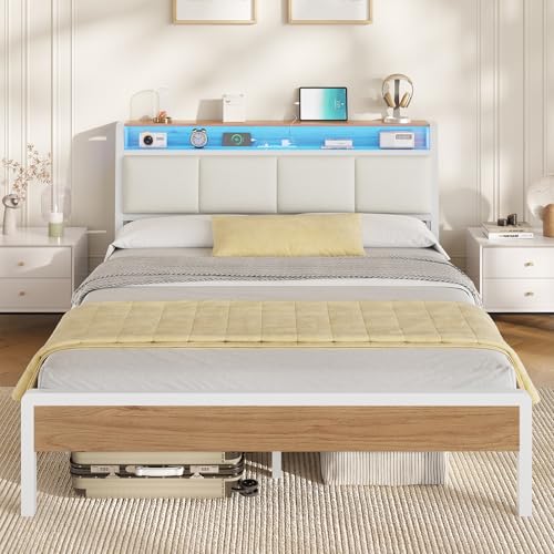 KIMENICH Bett 140 x 200, Bett mit LED-Beleuchtung, Polsterbett 140x200, Ladestation, Bettgestell mit Lattenrost, für Schlafzimmer, Gästezimmer, weiß KIMENICH Bett 140 x 200, Bett mit LED-Beleuchtung, Polsterbett 140x200, Ladestation, Bettgestell mit Lattenrost, für Schlafzimmer, Gästezimmer, weiß