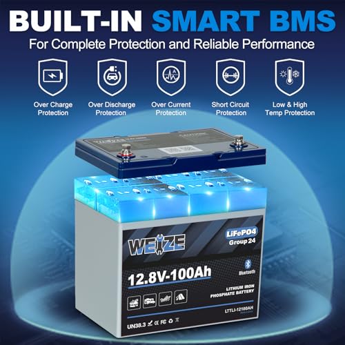 Image of Weize 12V 100Ah Bluetooth LiFePO4 Battery Group 24, Low-Temp Protection Deep Cycle Lithium Battery Built-in 100A BMS 500A /3S Peak Discharge for RV, Camping, Solar, Trolling Motor