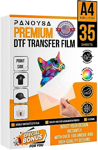 PANOYSA Upgraded DTF Transfer Film 8.5 x 11 in | 35 Sheets DTF Transfer Film for Sublimation Transfer Paper for T Shirts Double Sided Matte Finish Transfer Paper Direct to Film |+100 Vectors Included