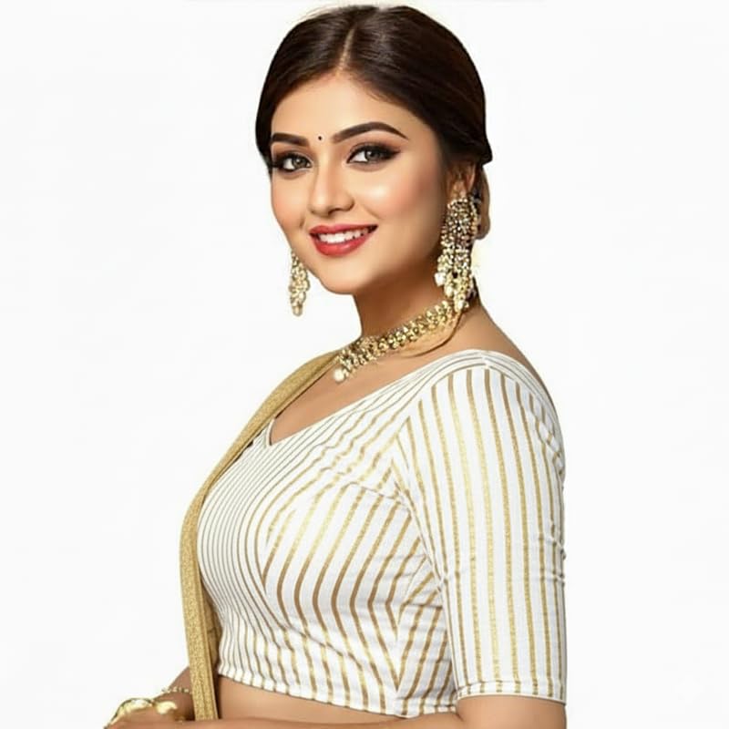 Image of Bhochi Stylish Katori Design Golden Foil Printed Blouse Stretchable Readymade Saree Blouses for Women Trendy Blouse Special for Festival, Above Elbow Sleeve, Polycotton