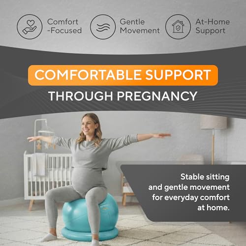 Image of Yoga Exercise Ball Chair for Office Desk with Base, Ideal for Pregnancy, Birthing, Stability Exercises & Fitness. Swiss Stability Birth Ball for Labor, Gym & Workouts.