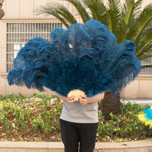 Éventail de plumes d'autruche pliant grand format 13 os pour danse burlesque marine - 2