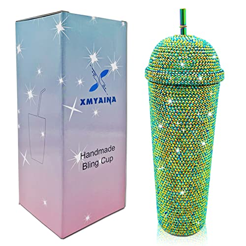 XMYAINA Vaso de plástico de 24 onzas con diamantes de imitación hechos a mano, botella de agua de doble pared aislada con tapa y pajitas (verde oscuro)