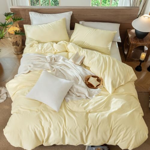 Image of MooMee Striped Duvet Cover Set 100% Washed Cotton Linen Like Queen | Relaxed Linen-like Texture. Soft, Breathable & Long-lasting Comfort. Lightweight. Hidden Zipper with 8 Interior Corner Ties