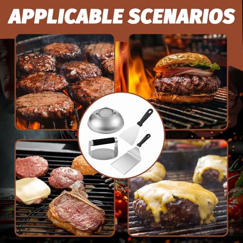 Kinfezlon Burger Smasher Set, Edelstahl Burger Smasher Set, Professionelles Burger Smasher Set, 4-TLG mit 1x Burger Smasher, 1X Burgerglocke, 2X Grillspachtel, Leckere Hamburger, Teppanyaki, BBQ usw