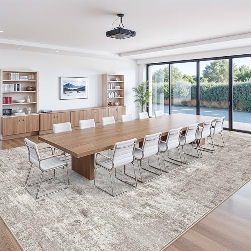 Image of 12x18 ft Extra Large Living Room Rug Washable Modern Abstract Neutral Oversize Rugs for Bedroom, Dining Room, Family Room Non-Slip Low-Pile Thin Stain-Resistant Carpet in Beige Grey