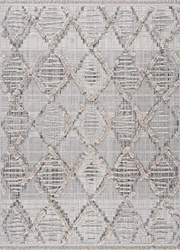 Hauteloom Bogtong Farmhouse Living Room Bedroom Moroccan Trellis Area Rug - Soft Shaggy High Low Carpet - High Pile - Bohemian, Boho - Gray, Beige, Cream - 6'7" X 9' #TOP3