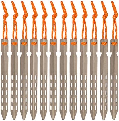 Hikemax Ultralight Titanium Tent Stakes - V-Shaped Tent Pegs with Reflective Pull Cords & Pouch - 12 Pack