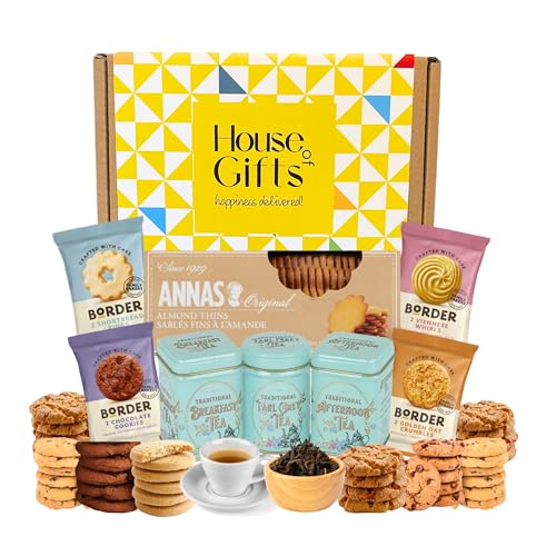 Biscuits Gift Set Tea Hamper with Almond Thins & 3 Loose Tea Gift Set Tins Including Breakfast, Afternoon & Earl Grey Tea Tins