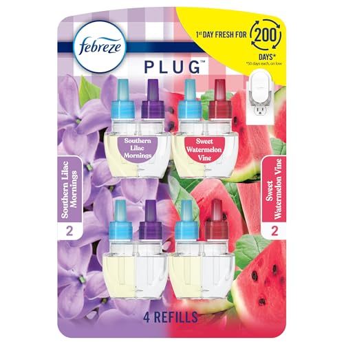 Febreze Odor-Fighting Fade Defy PLUG Air Freshener, Southern Lilac Mornings, Sweet Watermelon Vine, Pack of 4 (2 of Each), .79 fl. oz. Oil Refill