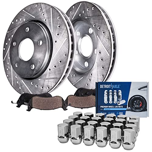 Image of Detroit Axle - Front Drilled & Slotted Brake Rotors + Brake Pads w /24pc Wheel Lug Nuts Replacement for 2012-2018 Ram 1500 5-Lugs - 28pc Set