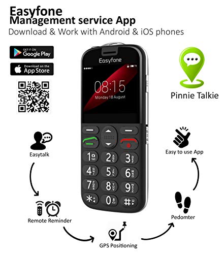 Easyfone Prime-A4 GPS Localisation Unlocked Smart Senior Cell Phone, Big Button Hearing Aids Compatible Easy-to-Use Mobile Phone with Charging Dock (Black)