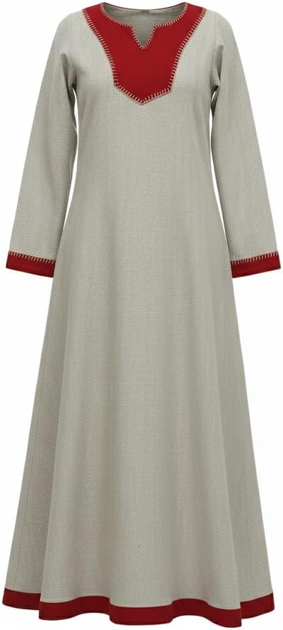 Nordic Runeweave Viking Medieval Dress for Women | Hand Embroidered Herringbone Pattern Long Sleeve Cotton Linen Norse Dress