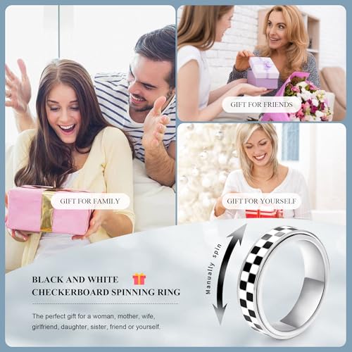 Fidget Ring for Anxiety Women Men, Black and White Checkered Pattern Stainless Steel Spinner Jewelry Anxiety Relief Items for Adults Gold Plated/Silver Size 5-114