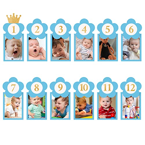 Image of ITAF Set of 12 Pcs First Birthday Decorations Hard Cardboard Kids 12 Month Flower Photo Frame Banner For One year Celebration New Born Baby Theme Decoration Kit - Blue 12 MONTH FRAME