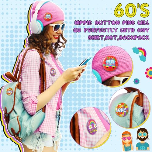 Image of Yinkin 1.7 in 60's Hippie Button Pins Bulk for Decorating Backpack Bags Hats Jean Hippie Party Favors Accessories 12 Style