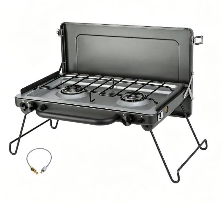 KXKJRYB Parrilla portátil de 2 quemadores, parrilla pequeña de propano para camping, parrilla de gas portátil para barbacoa para cocinar al aire libre, 2.9 kW*2-grey