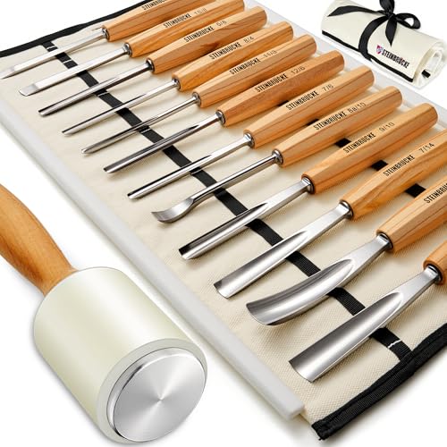 Wood Carving Kit, Wood Carving Tools Set of 12 Chisels and Mallet with Canvas Case Gouges, Wood Whittling Kinves Kit, Carving Knife Set, Woodworking Chisel Set for Beginners, Professionals