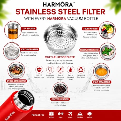 Image of Premium 1 Litre Vacuum Insulated Stainless Steel Water Bottle | SUS 316 Food Grade Steel | Hot 12 Hrs & Cold 24 Hrs | Leakproof, BPA Free | Wide Mouth with Steel Filter (RED)