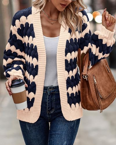 KIRUNDO Womens Fashion Fall Cardigan 2026 Open Front Chunky Cardigan Sweaters Oversized Lantern Sleeve Striped Color Block Cardigans Outwear Winter Clothes(Navy, X-Large) — view 5
