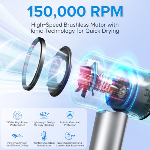 Hair Dryer, 150,000 RPM Brushless Motor, Ultra-Fast Drying with 3 Heat Settings & LED Lights, High-Speed Ionic Blow Dryer, Low Noise Lightweight with Diffuser & Nozzle for Home, Salon, Travel — view 2