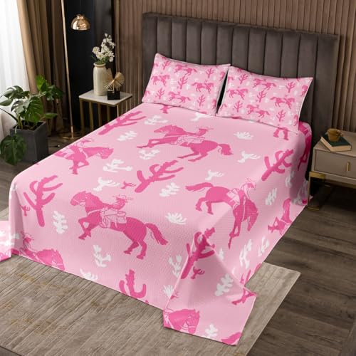 Cowgirl Western Bedspread Set Queen Size for Kids,Boys Girls Cactus and Horse Quilt Set Pink White Farm Coverlet Cowboy Bedspread 3 Piece Decorative Bedding Quilted with 2 Pillow Shams